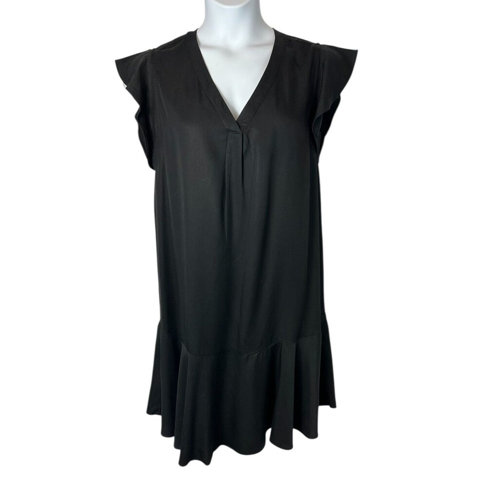 Nanette Lepore Black V-Neck Knee Length Shift Dress  Size 8  Flounce Hem